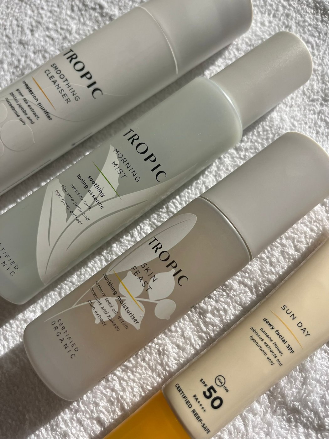 Tropic Skincare cleanser, mist and moisturiser used at 12:47 Beauty